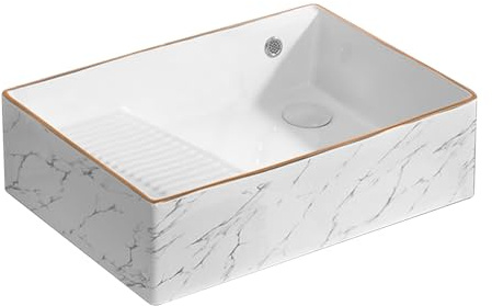 Hltdzer Lavandino da appoggio per Bagno,lavabo in Ceramica Rettangolare per lavabo da Bagno,Bianca lavatoio in Ceramica,con Set di Scarico, Adatto per bagni, WC, balconi e lavanderie