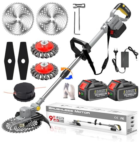 Akku Rasentrimmer mit Akku und Unkrautbürste 21V Freischneider Akku Elektro Motorsense mit 2X 4.0Ah Akku und Ladegerät Bürstenloser Freischneider mit Fadenspule für Garden Trimmen,Grey,b