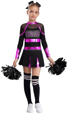 TiaoBug Bambina Costume da Cheer-Leader Manica Lunga Vestito Cheerleading con Pompon Uniforme da Cheer-Leader Ginnastica Leotards con Strass Lucidi Costume Carnevale Rosa caldo A 15-16 anni