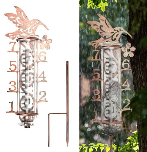 DTYGUIXE Regenmesser für Garten Frostsicher, Garten Niederschlagsmesser, 60 * 12cm Wetterfest Wassermesser mit Klarer Skala, Metall Vogel Wassermengenmesser für Rasen, Terrasse, Feldern, Innenhöfen
