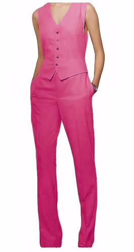 Leader of The Beauty Costume 2 pièces en lin sans manches avec boutons pour femme avec gilet et pantalon d'affaires, fuchsia, L