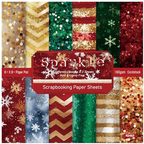ZAKHSE Motivpapier Weihnachten, 48 Blätter Designpapier 15,2x15,2cm, Glitzerkonfetti Schneeflocke Einseitig Bedruckt Scrapbook Papier Bastelpapier DIY Kartengestaltung Scrapbook Zubehör-12 Muster