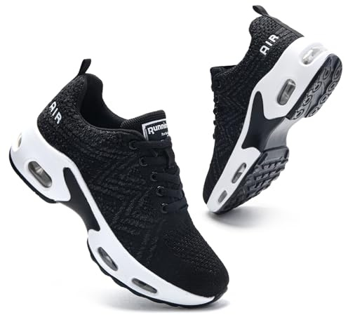 Running Shoes for Women Air Cushion Memory Foam Trainers Ladies Arch Support Lace Up Plantar Fasciitis Orthopedic Shoes Gym Sneakers Black White UK 6
