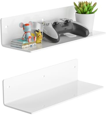 Sezanrpt 12 Inches White Acrylic Wall Shelves Set of 2, Wall Mounted Shelves for Plants, Speaker, Camera, Toiletries, Spice Jars, Coffee, Candles, Shoes, 2 Pack