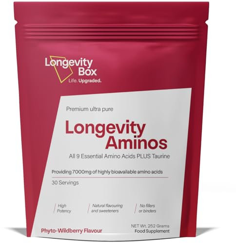 Longevity Box Amino Acids Powder 7000mg – Full-Spectrum BCAA & EAA Complex with Taurine – Vegan Essential Amino Blend – Wildberry Flavour – 30 Servings – 3rd Party Tested, 98% Pure
