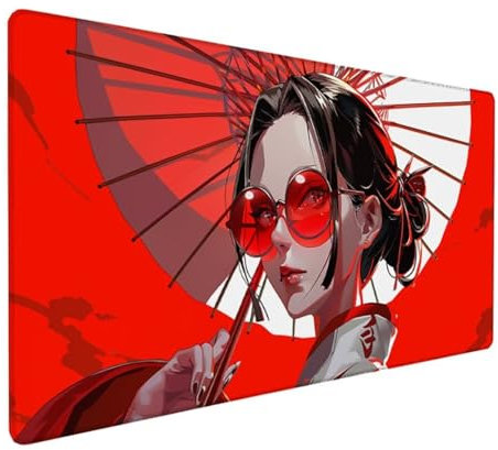 Rot Mousepad XXL 900 x 400 x 3 mm, Groß Gaming Mauspad Karikatur Muster, Schreibtischunterlage rutschfeste Gummibasis, Wasserfest Mouse Pad Vernähte Kanten, Büro Deko, Geschenke für Frauen Z-850