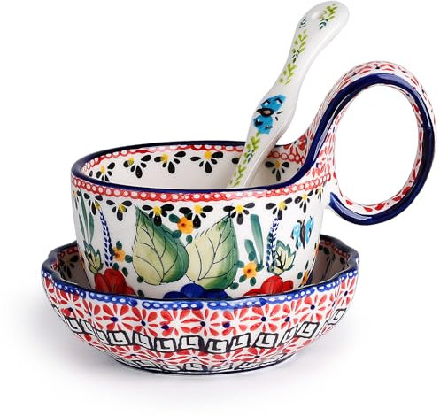 silesia Handmade Loop Handle Soup Bowl, Plate and Spoon Set Ceramic Hand Painted Cereal Bowl Great for Soup, Ice cream, Snack, Stew in Gift Box, Dishwasher & Microwave Safe, Polish Garden