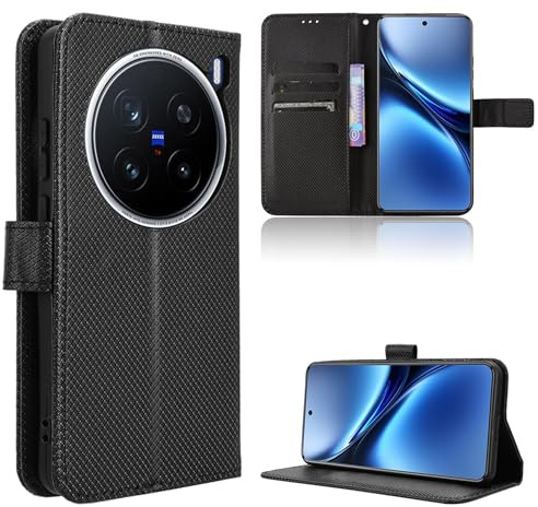 Rojeuinn Hülle für Vivo X200 Pro Handyhülle-Hülle Stoßfest Case Cover-Handy Case in Premium Kohlefaser [Klappbar Flip] [Standfunktion Tasche] -Schwarz
