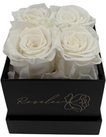 Roselei Rosenbox - 4 echte Infinity Rosen, Konservierte Rose, Ewige Rose, Romantisches Geschenk, Blumen, Jahrestag, Valentinstag, 3 Jahre Haltbar (Weiß)