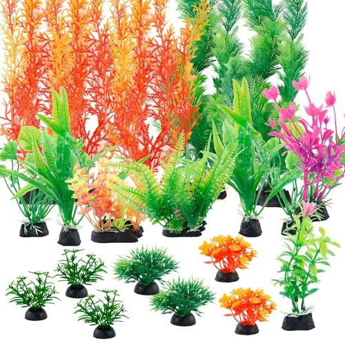 Luckwaii Aquarium Pflanzen Künstlich Terrarium Deko, 20 Stück Künstliche Aquariumpflanzen Set mit 100 Stück Leuchtsteine Bunt Muggelsteine für Garten Hause Büro Schwimmpflanzen Aquarium Deko