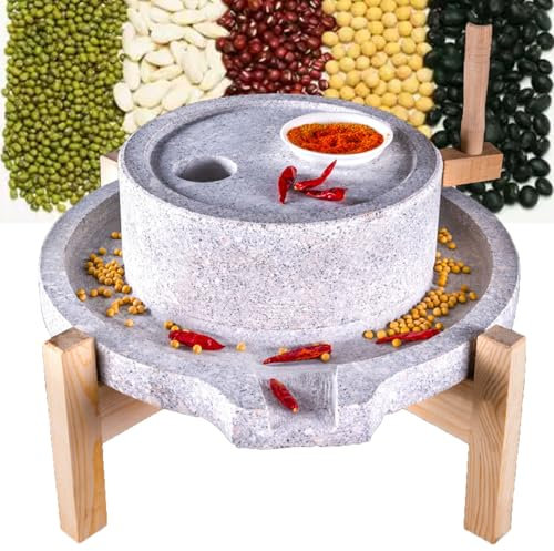 ylpddmm Mulino A Pietra per Cereali,Mulino di Granito a Secco,Mulino A Mano per Cereali da Cucina per La Casa, per Grano,Macinino Manuale a Secco/Umido con Struttura in Legno,20 * 30cm