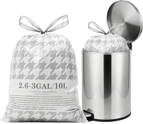 AOMKES Bin Liners 10Liter Small Pedal Bin Bags, 45 Count Drawstring Trash Bags, Easy Tear-Off Pedal Trash Can Bin Liners, Tear-Resistant Garbage Bags for Kitchen, Bathroom, Office, White