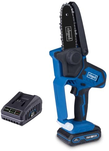 Scheppach Akku Gehölzschneider C-PS100-X Mini Kettensäge | Schnittlänge 127mm | Schnittgeschwindigkeit 4,8 m/s | Schwert & Kette 5 | 20V-IXES-Serie | 10 Jahre Garantie | mit 2Ah Akku & Ladegerät
