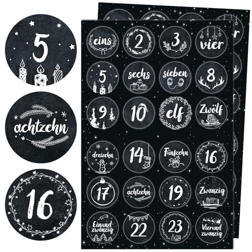 BETESSIN Adventskalender Zahlen Aufkleber Schwarz - 2 Bögen Adventsaufkleber mit Weihnachtsmotiven - Runde Adventskalender Aufkleber 1-24 (4cm Ø)