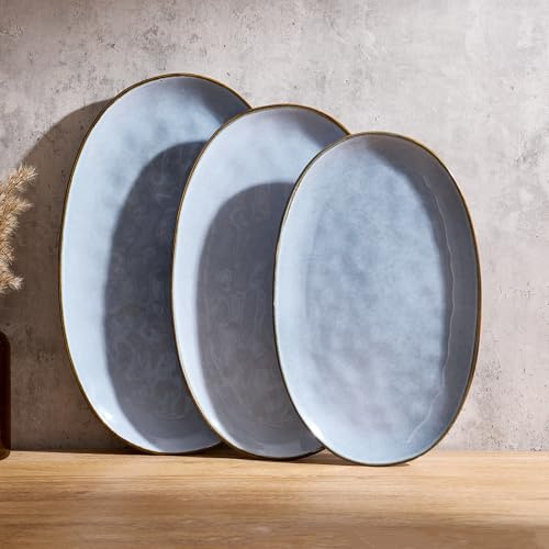 Richmount Ocean Serie Steinzeug Servierplatte 3er Set，Rechteckige Servierplatten mit Reaktionsglasur，Serviertablett für Sushi, Vorspeise, Kuchen, Fleisch, Blau​