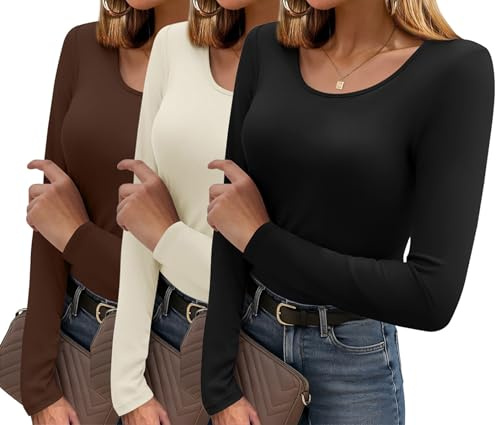 Ekouaer Tee Shirt Manche Longue Femme 3pcs Basique T-Shirt Sexy Haut Thermique sous-Vêtement Confo Uni Top Moulant Hiver, Noir + Marron + Beige S