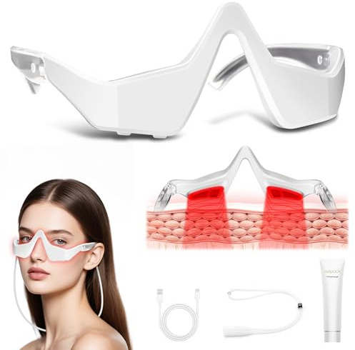 Under-Eye Light Therapy Device, Beauty Device with Eye Massage for Relieve Eye Bags, Eye Fatigue, Dark Circles, with Gel and Glasses Strap (White)