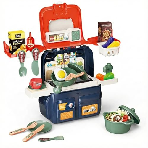 COO11 42-Piece 2-in-1 Kids Kitchen Backpack Playset Portable Cooking Toy Station with Storage Case Mini Chef Pretend Play Pots, Pans, Play Food & Utensils Travel Role Play Gift for Boys & Girls Age 3+