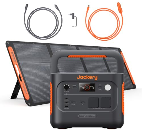 Jackery E1000 v2 Powerstation mit 200W Solarpanel & Zubehör-Set | 1070Wh LFP-Solargenerator, 1500W AC/100W USB-C, inkl. 5 m Verlängerungskabel und DC8020-Kfz-Ladekabel für Roadtrip/Wohnmobil