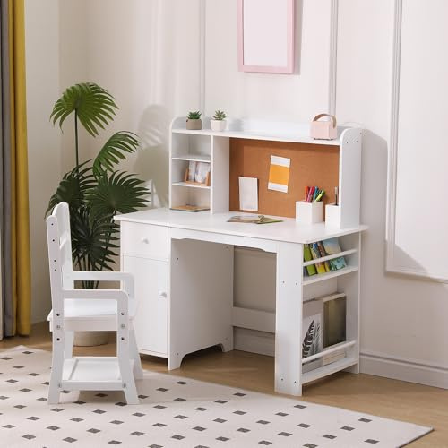 Niwugady Kinderschreibtisch in Weiß mit Aufbewahrungsschrank & Schubladen, Jugendschreibtisch 82x46x102cm mit Höhenverstellbare Stuhl, Schreibtisch Kinder, Schülerschreibtisch für Kinderzimmer