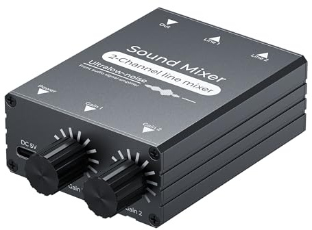 Mixer audio stereo a 2 canali, mini mixer audio da 3,5 mm con doppie manopole di controllo del volume, guscio in alluminio, piccolo interruttore audio 2 in 1 per PC, cuffie, altoparlanti, monitor