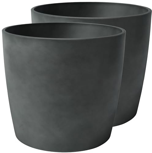Zedelmaier Übertopf Outdoor 2er Set, 28 cm Durchmesser, Blumentopf außen wetterfest & UV-beständig, Kunststoff Pflanzkübel ohne Loch für Balkon, Terrasse & Garten, Steingrau, L (Ø28×H25 cm)