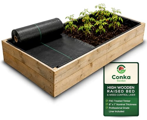 Conka Garden - Wooden Raised Bed Kit with Weed Control Liner - Large Garden Planters for Growing Vegetables, Herbs, Flowers & Fruit - Durable & Resistant FSC Treated Timber - 45cm x 60cm x 120cm