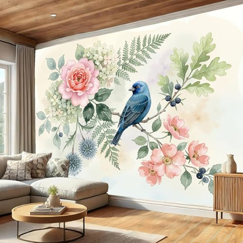 Carta da Parati Rosa, Carta da parati fotografica Uccelli Fiori Foglie, Decorazione Murale in TNT Naturale Acquerello, per Soggiorno Camera dei Bambini e Corridoio Ufficio, 200 x 140 cm