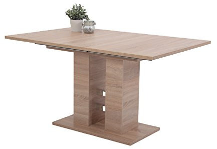 Hela Tische, Säulentisch Kulissentisch Helena, Holzwerkstoff melaminbeschichtet, Dekor Sonoma Eiche, ausziehbar mit Synchronauszug 140-220x90cm