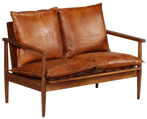 Festnight 2-Sitzer-Sofa | 2er Echtes Leder Couch | Wohnzimmer Ledersofa | Retro Loungesofa | Braun Echtes Leder mit Akazienholz 116 x 69 x 74 cm