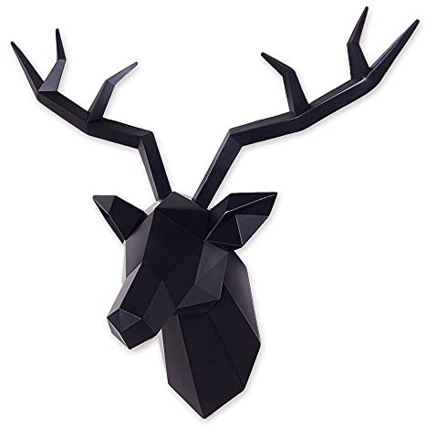 Keygift Testa di cervo decorazione da parete geometrica corna di cervo nero scultura da parete finta tassidermia resina parete testa di animale 48 x 17 x 43 cm