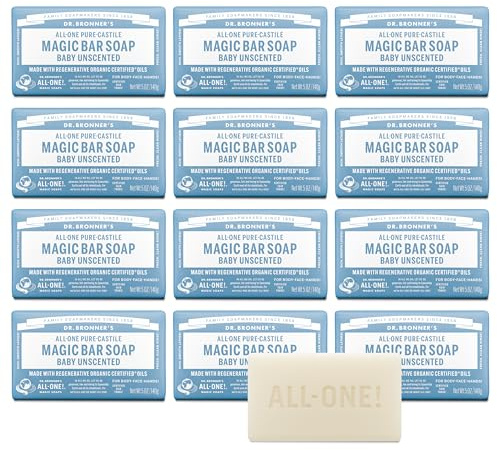 Dr. Bronner's Pure-Castile Magic Bar Soap (Baby Unscented, 5 Ounce, 12-Pack) - Made with Regenerative Organic Certified Oils, Gentle for Sensitive Skin & Babies, Non-GMO, Vegan