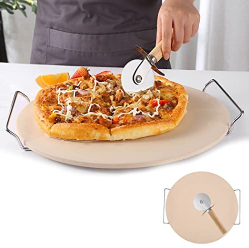 0℃ Outdoor Pizzastein für den Backofen, Inklusive Holzschieber, 33cm Rechteckiger Brotbackstein mit Metallhalter für Pizza und Flammkuchen mit Pizzaschaufel für Pizzaofen, Natur