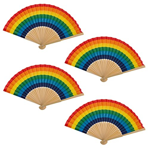 MIJOMA Handfächer aus Holz, 4er Set Regenbogen | Stoffbespannung, ca. 21 cm geschlossen, leicht faltbar, für Tasche, Auto, Hochzeit, Pride, Strand & Festival