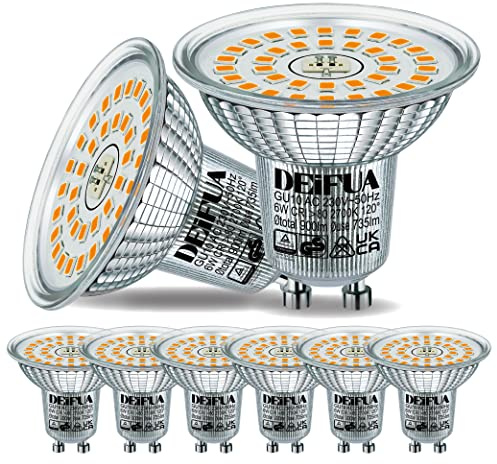 DEIFUA Lampadina LED GU10 Luce Bianco Caldo 2700K 6W Equivalente 100W Alogena, Pacco da 6, 750lm PAR16 Senza sfarfallio, Riflettore della lampada più corto, Fascio Largo 120° Non-Dimmerabile