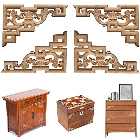 LIANCHEN 4 Stück Holz Ornamente Schrank Wand Ecke DekoVintage Geschnitzte Holzschnitzerei für Möbel