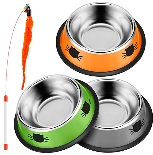 Gamelle pour Chat, 3 Pièces Gamelle Chat INOX Ensemble avec Jouet pour Chat, Bol Chat, Gamelle Eau Chat, Bol pour Chat, Idéal pour Les Chiots et Les Chats Petits Animaux