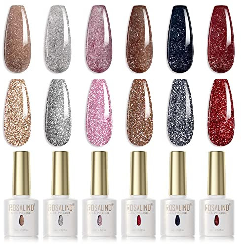 ROSALIND UV Nagellack Set, 6 Farben Glitzer Braun Grau Rosa Schwarz Rot Gel Nagellack für UV/LED Lampe Farbgel für Gelnägel, Soak off Nail Polish Salon Design Kit