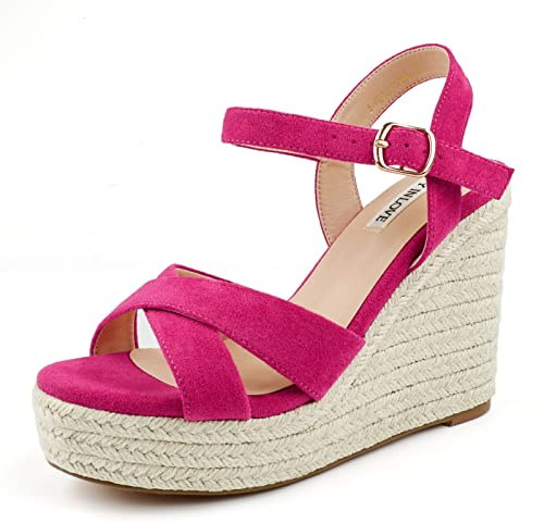JOY IN LOVE Womens Espadrilles Wedge Sandals Platform Heels Ankle Strap Open Toe Buckle Sandals, 4071 Fuchsia, 5 UK