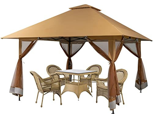 COSTWAY 4 x 4m Pop up Gazebo, 3 Height Adjustable UV50+ Pavilion Canopy Tent with Zipped Mesh Side Walls, Double Roof & Wheeled Carry Bag, Outdoor Garden Backyard BBQ Grill Sun Shelter (Brown)