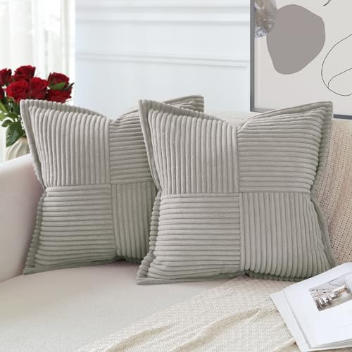 Artscope 2er Set Kordsamt Kissenbezüge Samtkissen Weich Dekokissen Dekorativ Kissenbezug Modern Kissenhülle Umwickelte Kante Sofakissen für Wohnzimmer Schlafzimmer Hellgrau, 45x45cm