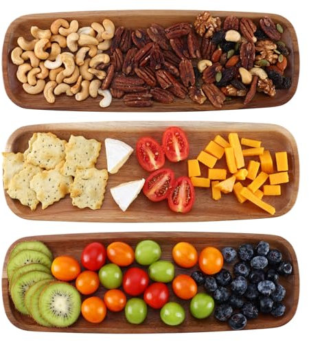 hecef Bandeja Madera, 3 Piezas Bandejas para Servir con Labio Ranurado, 33 * 11.5 * 0.8cm Bandejas Decorativas Pequeña para Cocina y Baño, Bandeja Rectangular para Aperitivo, Fruta, Snack y Postre
