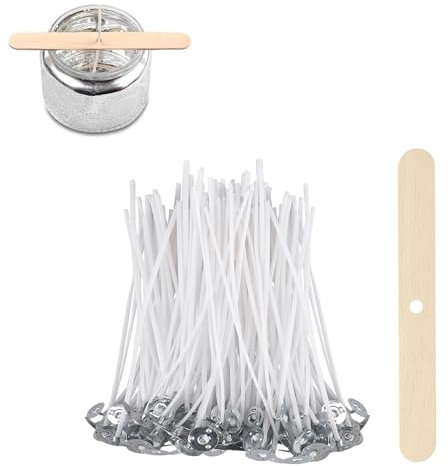 ALLAVA 100 Stück Kerzendochte für Kerzen, 8cm Kerzendochte mit Dochthalter aus Holz, Natürliche Bio Baumwolle, Vorgewachst mit Soja Wachs, Kerzen Docht für Die Kerzenherstellung Candle DIY