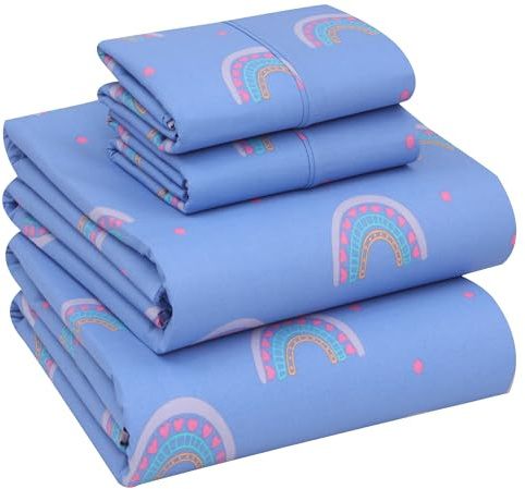 Ruvanti 100% Cotton Queen Size Bed Sheets - Crispy Cooling Percale 4-Piece Set - Breathable & Durable - 16 Inches Deep Pocket - Baby Rainbow