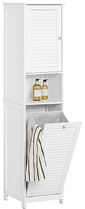 SoBuy Badezimmerschrank Hochschrank mit Wäschekorb Schmaler Badschrank mit Regal, Badmöbel für kleine Bäder, Wäscheschrank stehend Badezimmer Schrank Weiß 40x170x38 cm BZR124-W