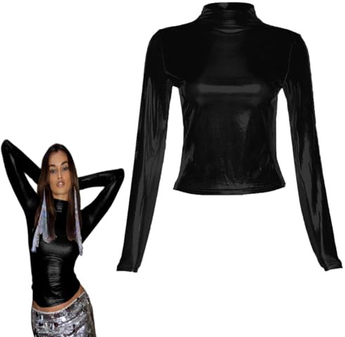 Tops Brillantes De Manga Larga para Mujer, Tops De Cuello Alto Líquidos Metálicos, Jerseys Informales De Ajuste Entallado para Ropa De Club, Blusa con Aspecto De Cuero Sólido, Camisetas Mangas Fiesta
