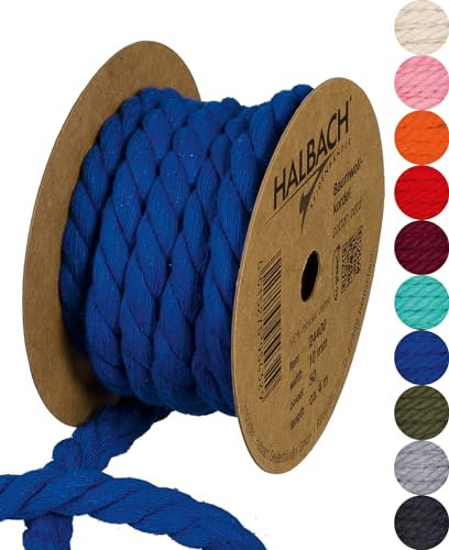 Halbach Seidenbänder Cordoncino di cotone riciclato, larghezza 10 mm/lunghezza 4 metri, filato di cotone sostenibile per macramè, corda naturale per fai da te, colore: blu