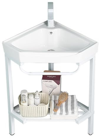 Lavello in ceramica staffa in acciaio inossidabile,mobile sottolavabo per bagno,lavatoio ceramica,Mobile con specchio,rubinetto,accessori,adatto per bagno,balcone,camera degli ospiti (Color : Set 1,