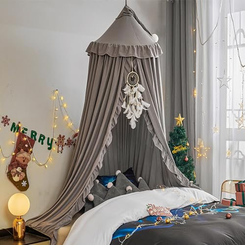 HUOQOU Baldacchino per Letto per Ragazze Principessa Cupola Rotonda Bambini Zanzariera Sognante Biancheria Castello Tenda da Gioco Casa Sospesa Decorazione Angolo Lettura Baldacchini(Grigio)