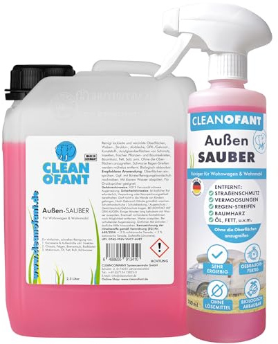 CLEANOFANT Wohnwagen Reiniger Außen-SAUBER | 500 ml + 2,3 Liter | Wohnmobil Caravan Vorzelt reinigen - Das Shampoo vereint Außenreiniger, Insektenentferner, Felgen- & Motorraum-Reiniger